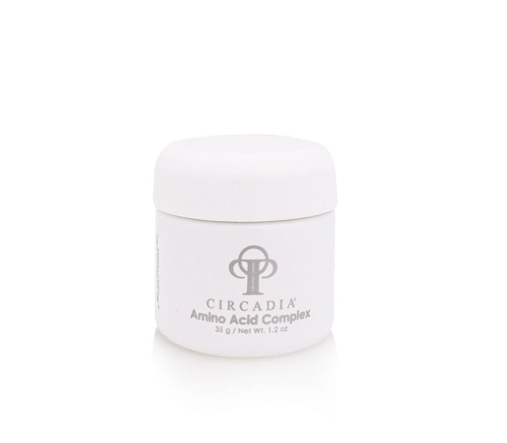 Circadia Amino Acid Complex Powder gel cleanser in a clear container with a white lid, showing the product label and packaging.