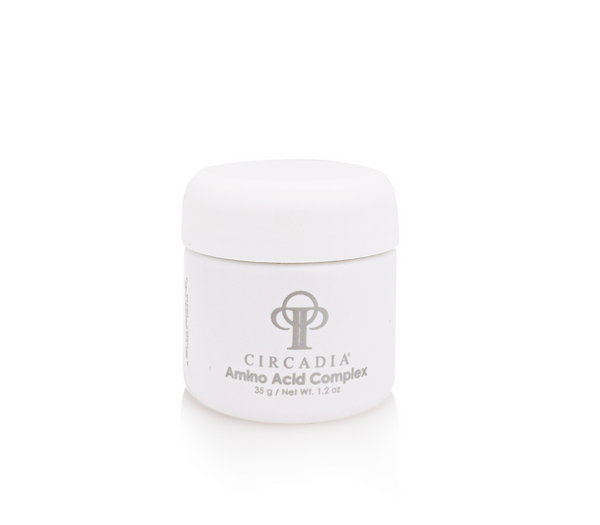 Circadia Amino Acid Complex Powder gel cleanser in a clear container with a white lid, showing the product label and packaging.