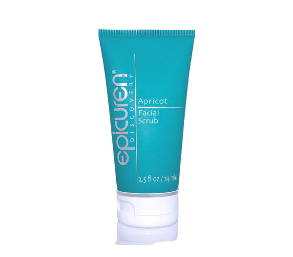 Tube of epicuren Apricot Facial Scrub with sponges on a light blue tiled background