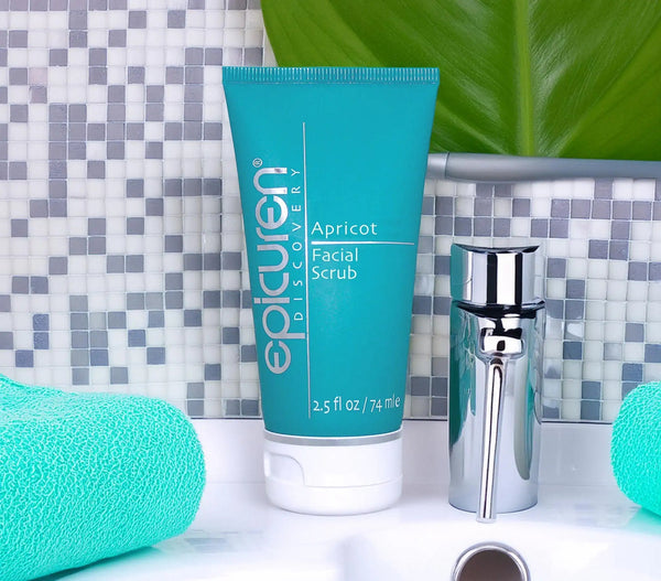 Epicuren Discovery Apricot Facial Scrub in a 2.5 Fl Oz tube, featuring a textured scrub and apricot color.