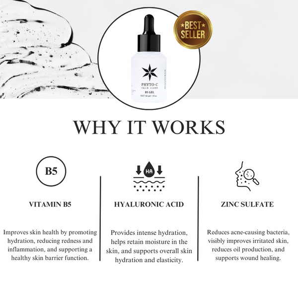 Phyto-C Skin Care B5 Gel 0.5 oz in a clear tube, showcasing its lightweight, hydrating gel texture for moisturizing skin.