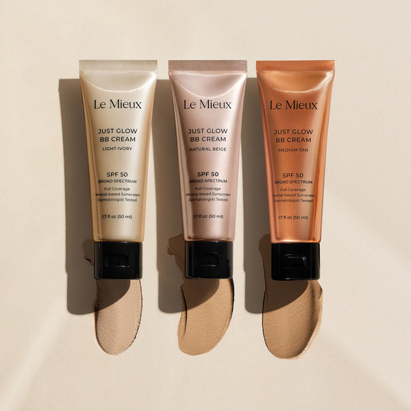 Le Mieux Just Glow BB Cream sun care product with SPF, in a sleek tube, providing a radiant, lightweight skin finish.