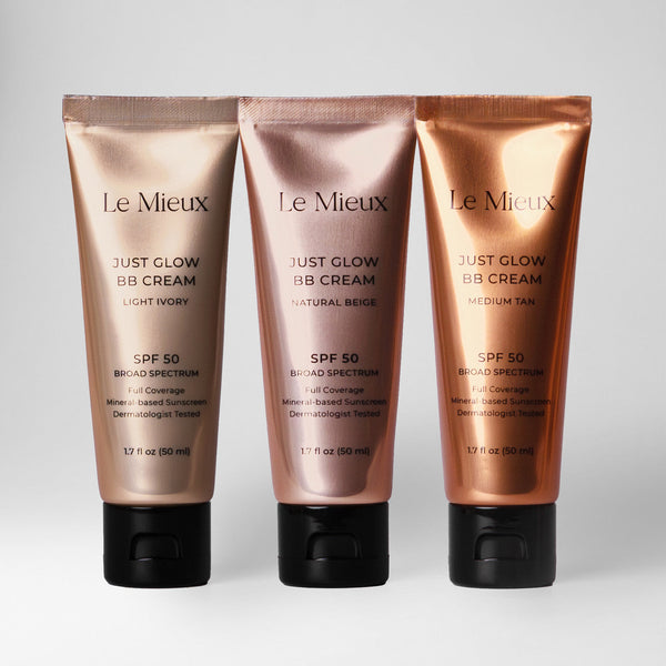 Le Mieux Just Glow BB Cream SPF 50 in a trio packaging, showcasing the product's natural glow and sun protection features.