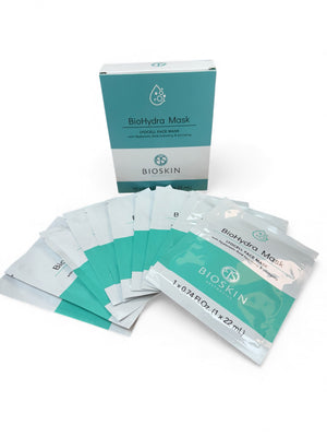 BIOSKIN BioHydra Mask packaging with multiple face mask packets on a white background