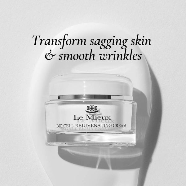 Le Mieux Bio Cell Rejuvenating Cream jar, moisturizing cream for sagging skin, with a sleek white and gold packaging design.