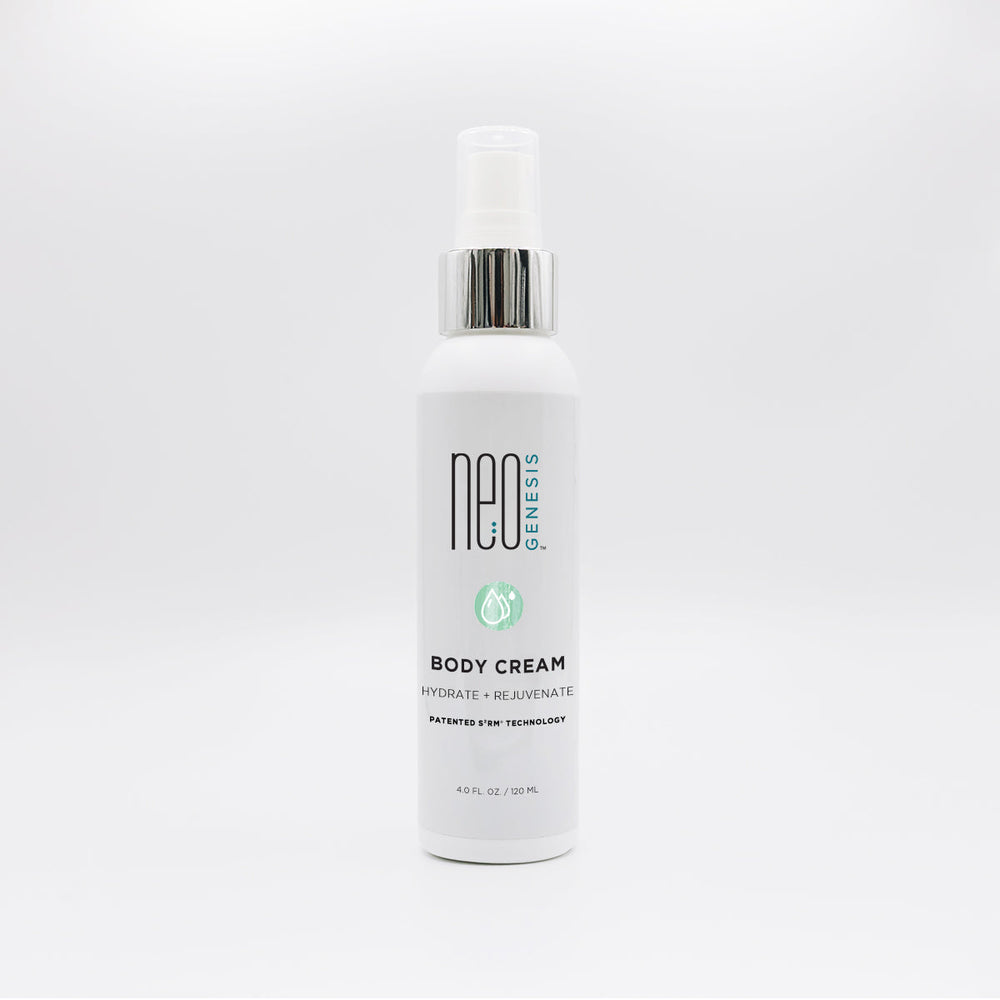 NeoGenesis Body Cream in a white jar, showcasing its creamy texture and label design against a neutral background.