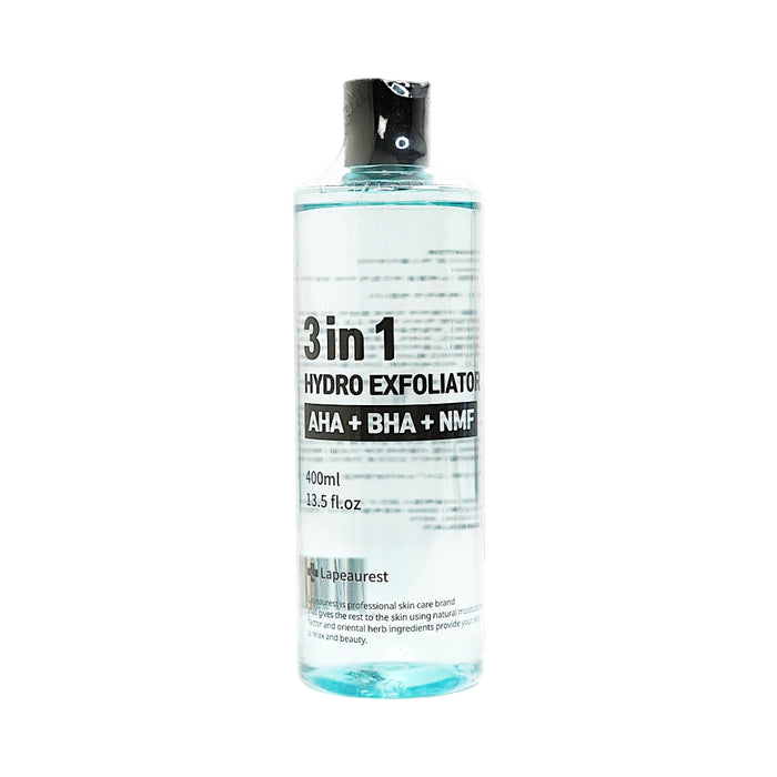 Bottle of 3in1 Hydro Exfoliator on a wooden surface