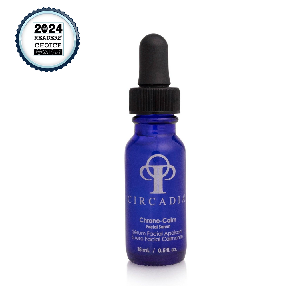 Circadia Chrono-Calm facial gel cleanser with soothing, calming ingredients, in a clear bottle with a pump dispenser.