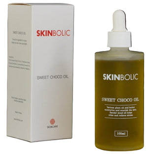 Skinbolic Choco Oil serum in a 100ML bottle, showcasing rich chocolate color and texture for sweet choco therapy.