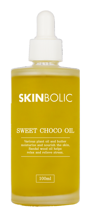 Skinbolic Choco Oil serum in a 100ML bottle showcasing rich chocolate color and sleek packaging for sweet therapy.