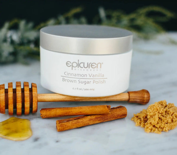 Epicuren Discovery Brown Sugar Polish in Cinnamon Vanilla, 6.7 fl oz, showcasing the product in a lifestyle setting.