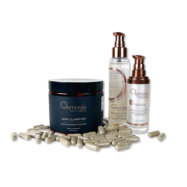 Osmosis Beauty Clarity Cleanse Set with Skin Clarifier, Rescue, and Perfection Elixir supplements in elegant packaging.