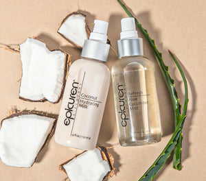 Epicuren Discovery Coconut Hydrating Milk in a bottle with a tropical coconut background, showcasing body care benefits.