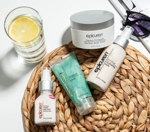 Epicuren Discovery Coconut Hydrating Milk in a bottle with coconut and tropical background, showcasing body care benefits.