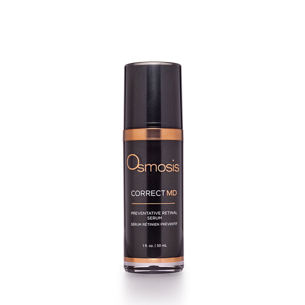Osmosis CORRECT MD Preventative Retinal Serum in a sleek bottle, showcasing its rich texture and label design.