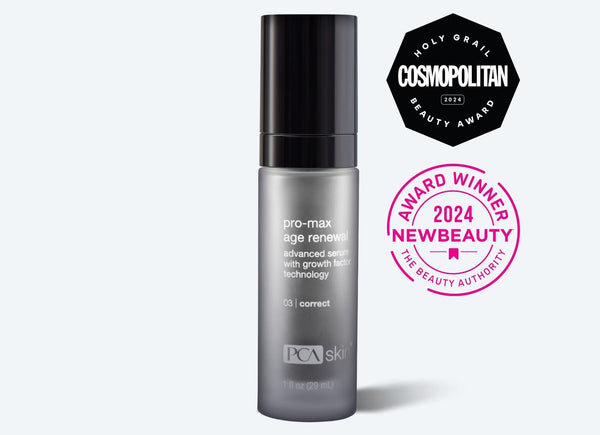 PCA Skin Pro-Max Age Renewal Serum in a 1 FL OZ bottle with a sleek design and label showcasing its anti-aging benefits.