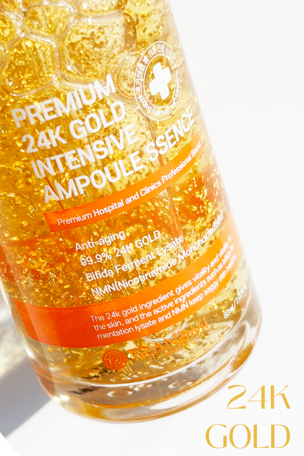 Tov Beauty Trandmi 24k Gold Intensive Ampoule-ssence bottle with a gold design, showcasing hydration benefits.