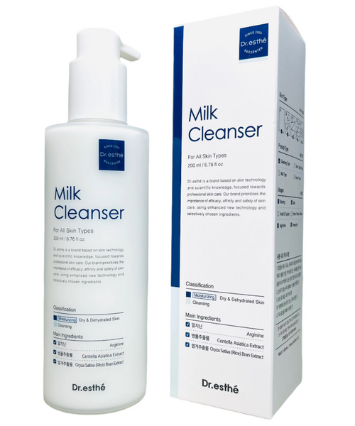 Dr. Esthe Milk Cleanser 200ml bottle with white and blue packaging, designed for gentle facial cleansing.