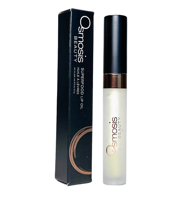 Osmosis Beauty Superfood Lip Oil in a clear tube, showcasing a rich, glossy texture and vibrant color for makeup application.