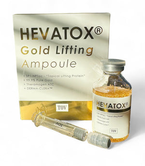 TOV Hevatox Gold Lifting Ampoule in a glass vial, showcasing its golden liquid and elegant packaging design.
