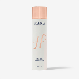 Hydrinity ENCORE Body Hydrator in a sleek gray bottle, showcasing its moisturizing formula for hydrated skin.