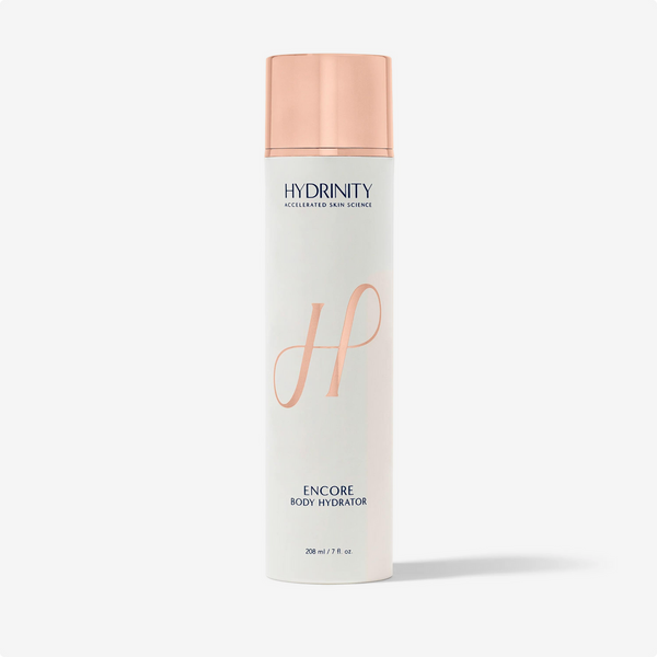 Hydrinity ENCORE Body Hydrator in a sleek gray bottle, showcasing its moisturizing formula for hydrated skin.
