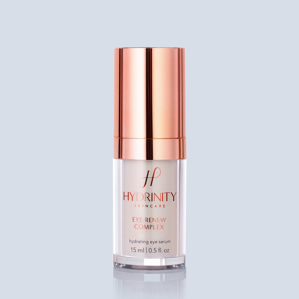 Hydrinity Eye Renew Complex eye serum in a sleek bottle, showcasing its nourishing formula for vibrant, refreshed eyes.