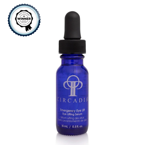 Circadia Emergency Eye Lift gel cleanser in a clear bottle with a white pump, designed to refresh and tighten the eye area.