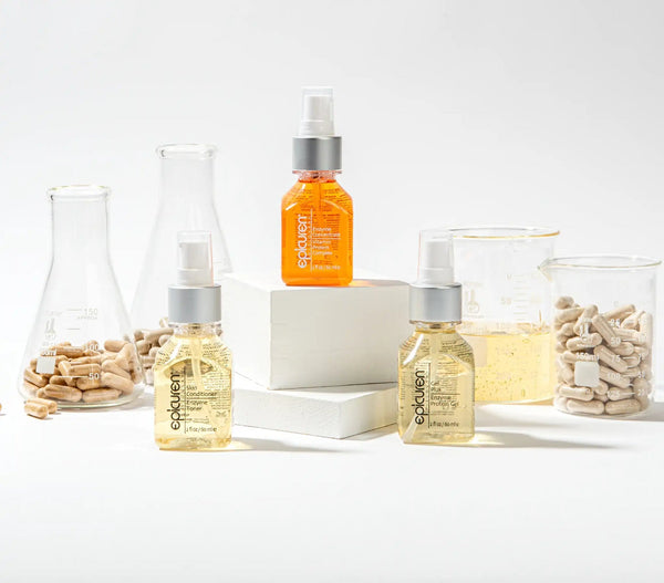 Epicuren Discovery Enzyme Concentrate vitamin protein complex in a lifestyle setting, showcasing the product's packaging and texture.