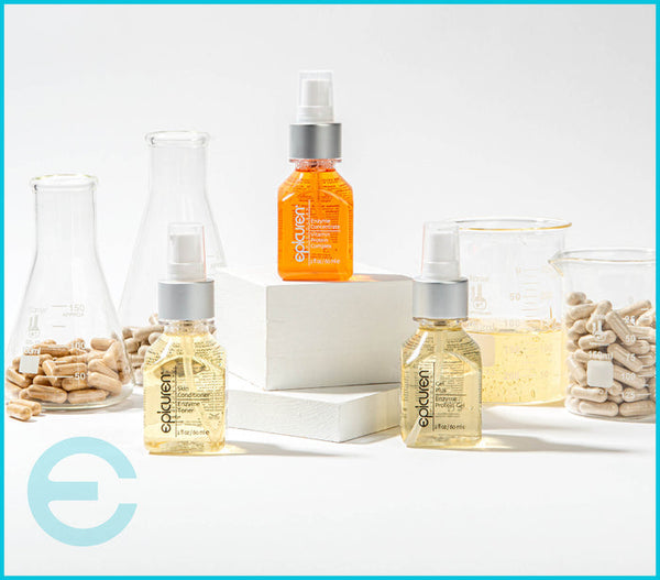Epicuren Discovery Metadermabolic Protein Enzyme Trio Kit displayed with product packaging and texture of moisturizers.