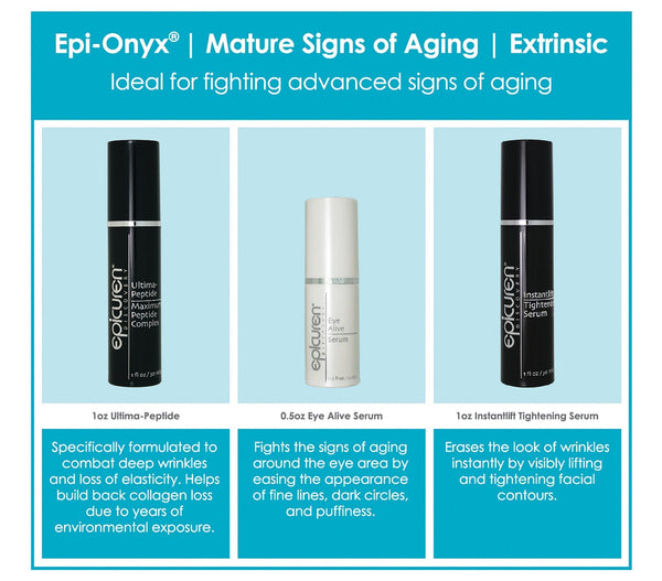 Epicuren Discovery Epi Onyx Mature Signs of Aging Kit displayed with moisturizer, showcasing packaging and product texture.