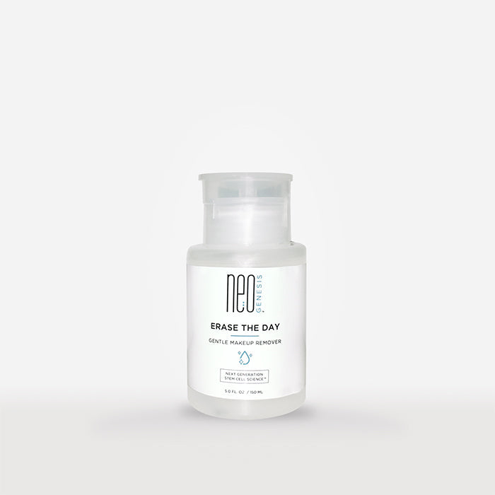 NeoGenesis Erase The Day Gentle Makeup Remover in a sleek bottle with a pump, set against a clean, minimal background.