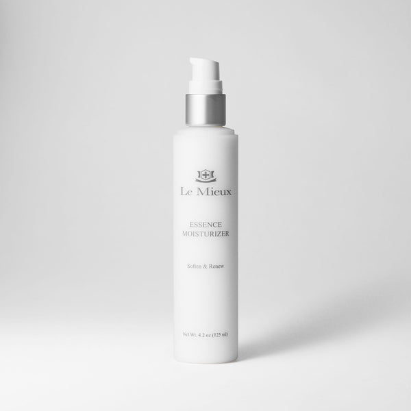 Le Mieux Essence Moisturizer in 4.2oz bottle, hydrating skincare product with a clear pump dispenser and sleek design.