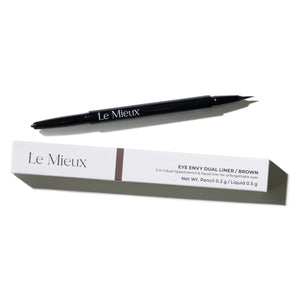 Le Mieux Eye Envy 2-in-1 dual-tipped pencil and liquid liner in brown, showcasing both tips and packaging.