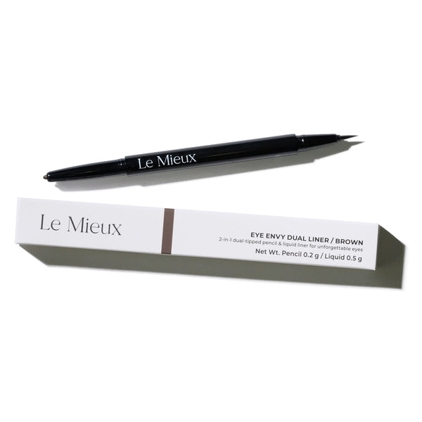 Le Mieux Eye Envy 2-in-1 dual-tipped pencil and liquid liner in brown, showcasing both tips and packaging.