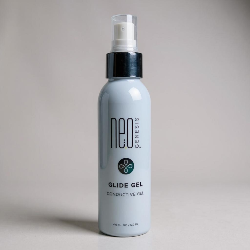 NeoGenesis Glide Gel in a clear tube, showcasing the smooth, gel-like consistency against a white background.