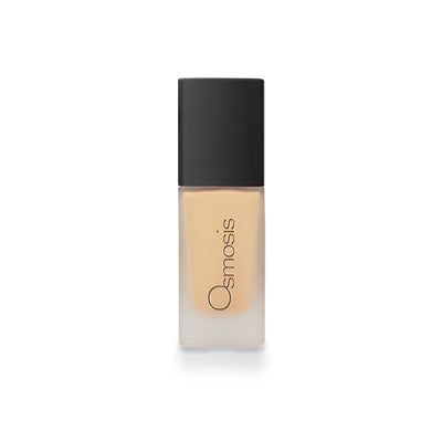 Osmosis Beauty Flawless Foundation in Honey shade, showcasing a sleek bottle with a pump and elegant design.