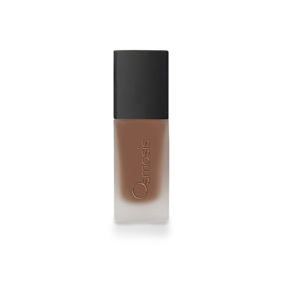 Osmosis Beauty Flawless Foundation in Truffle shade, showcasing a bottle with a pump and smooth, creamy texture.