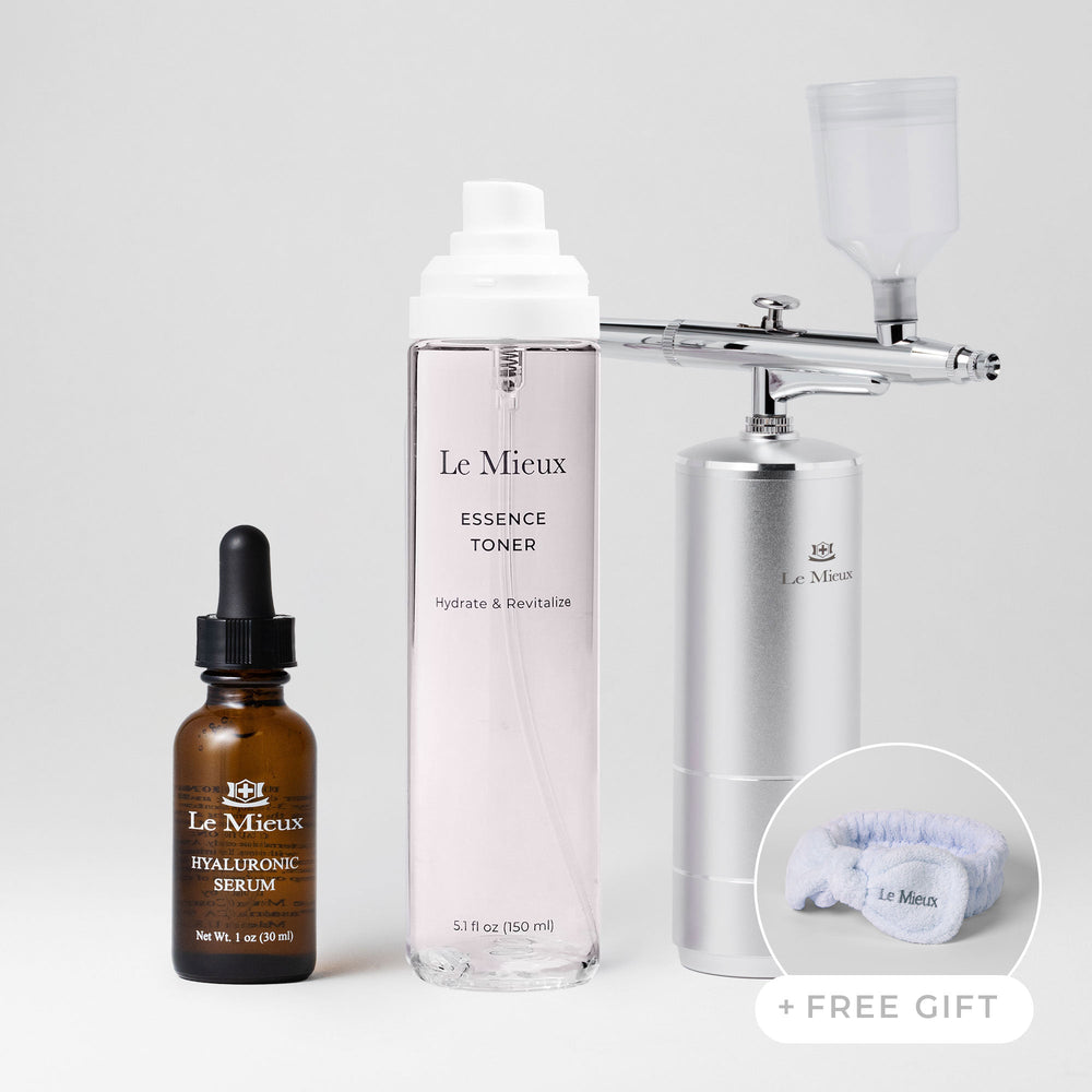 Le Mieux Hydrate & Balance Trio set featuring skincare products and a white headband, designed for hydration and skin balance.