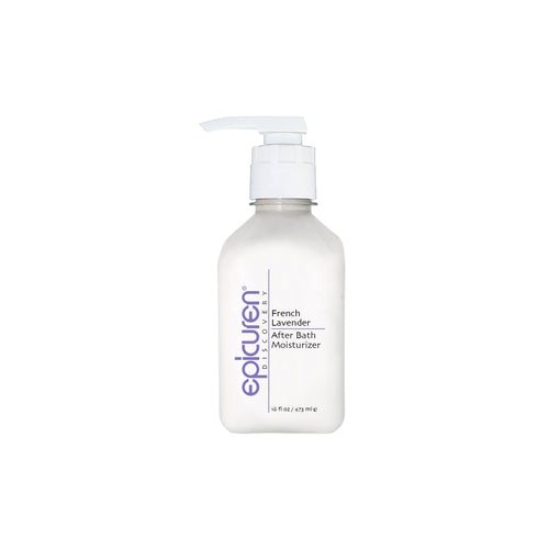 Epicuren Discovery French Lavender After Bath Body Moisturizer in a 16oz bottle with a calming lavender hue.