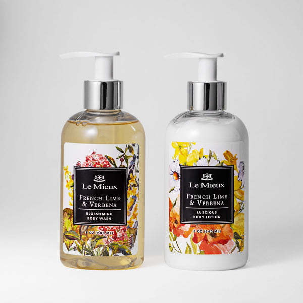 Le Mieux French Lime & Verbena Body Essentials set with bottles of body wash and lotion in fresh, citrus-scented packaging.