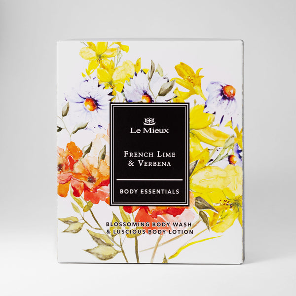 Le Mieux French Lime & Verbena Body Essentials set featuring a box containing body care products with fresh lime and verbena scents.