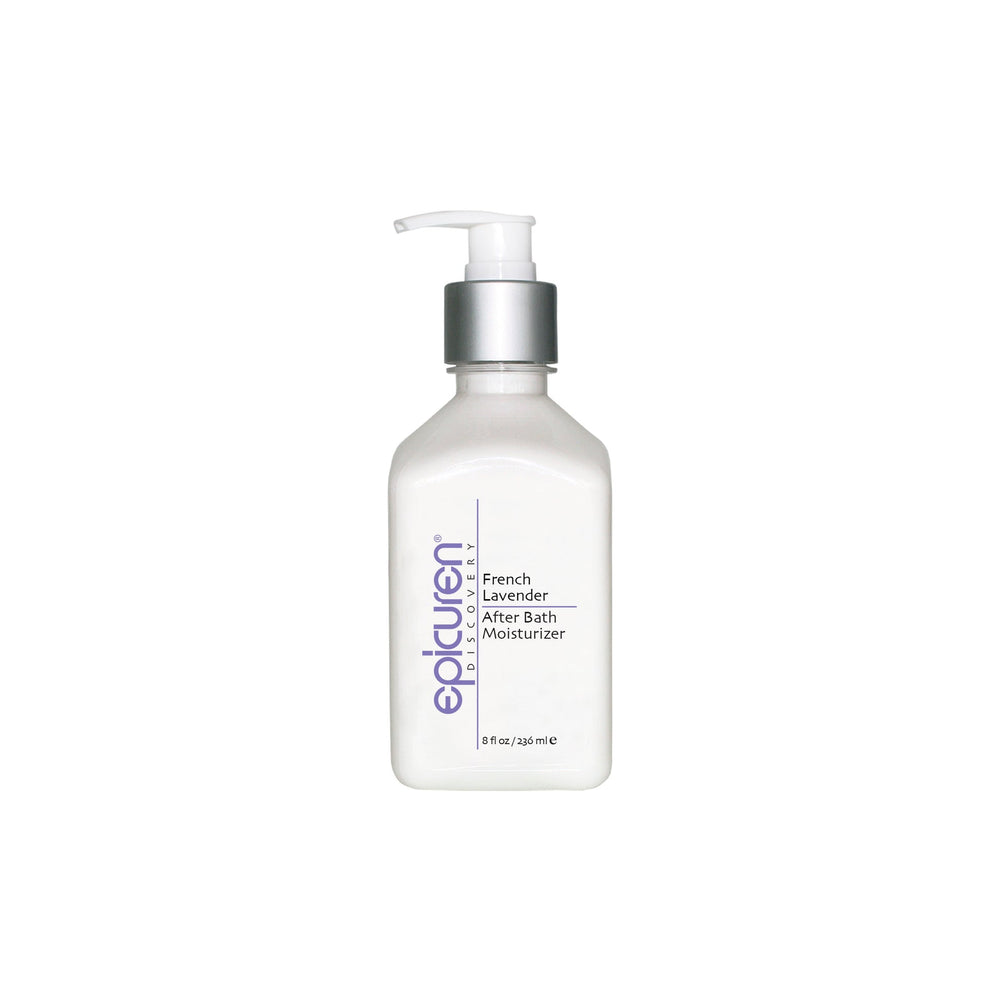 Epicuren Discovery French Lavender After Bath Body Moisturizer in an 8oz bottle with a soothing lavender design.