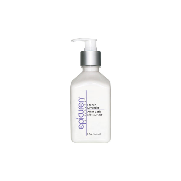 Epicuren Discovery French Lavender After Bath Body Moisturizer in an 8oz bottle with a soothing lavender design.