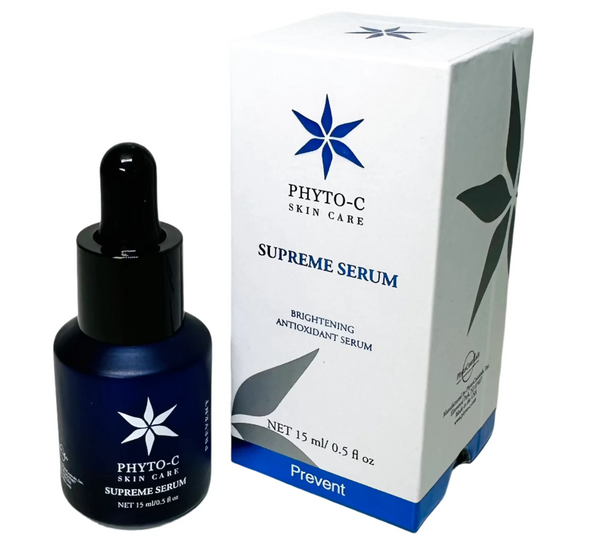 Phyto-C Skin Care Supreme Serum in a 15ml bottle with a dropper, showcasing a clear liquid for skin hydration.