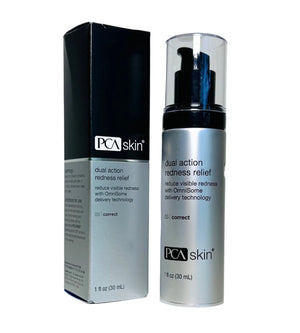 PCA Skin Dual Action Redness Relief serum in a 1 oz bottle, featuring a sleek design with a pump dispenser.