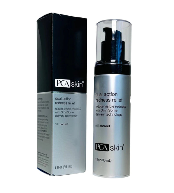 PCA Skin Dual Action Redness Relief serum in a 1 oz bottle, featuring a sleek design with a pump dispenser.