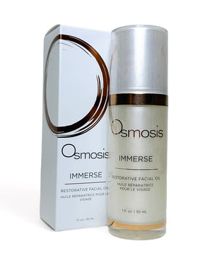 Osmosis Beauty Immerse Restorative Facial Oil in a glass bottle with a dropper, set against a neutral background.