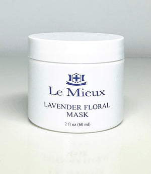 Le Mieux Lavender Floral Mask, a calming gel face mask with hyaluronic acid in a sleek jar, surrounded by lavender flowers.