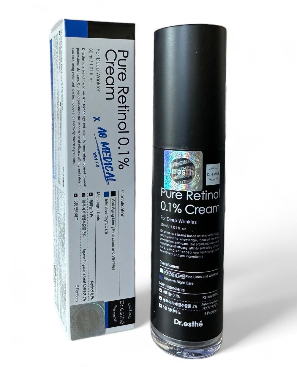 Dr. Esthe Pure Retinol 0.1% Cream in a 50ml jar, showcasing its smooth texture and packaging design.